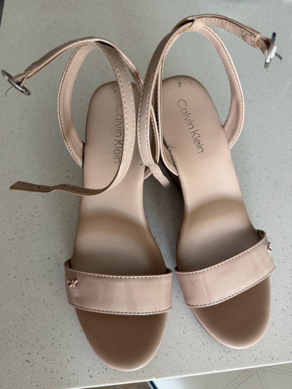 Calvin Klein Patent Nude Blush Ankle Strap Heels